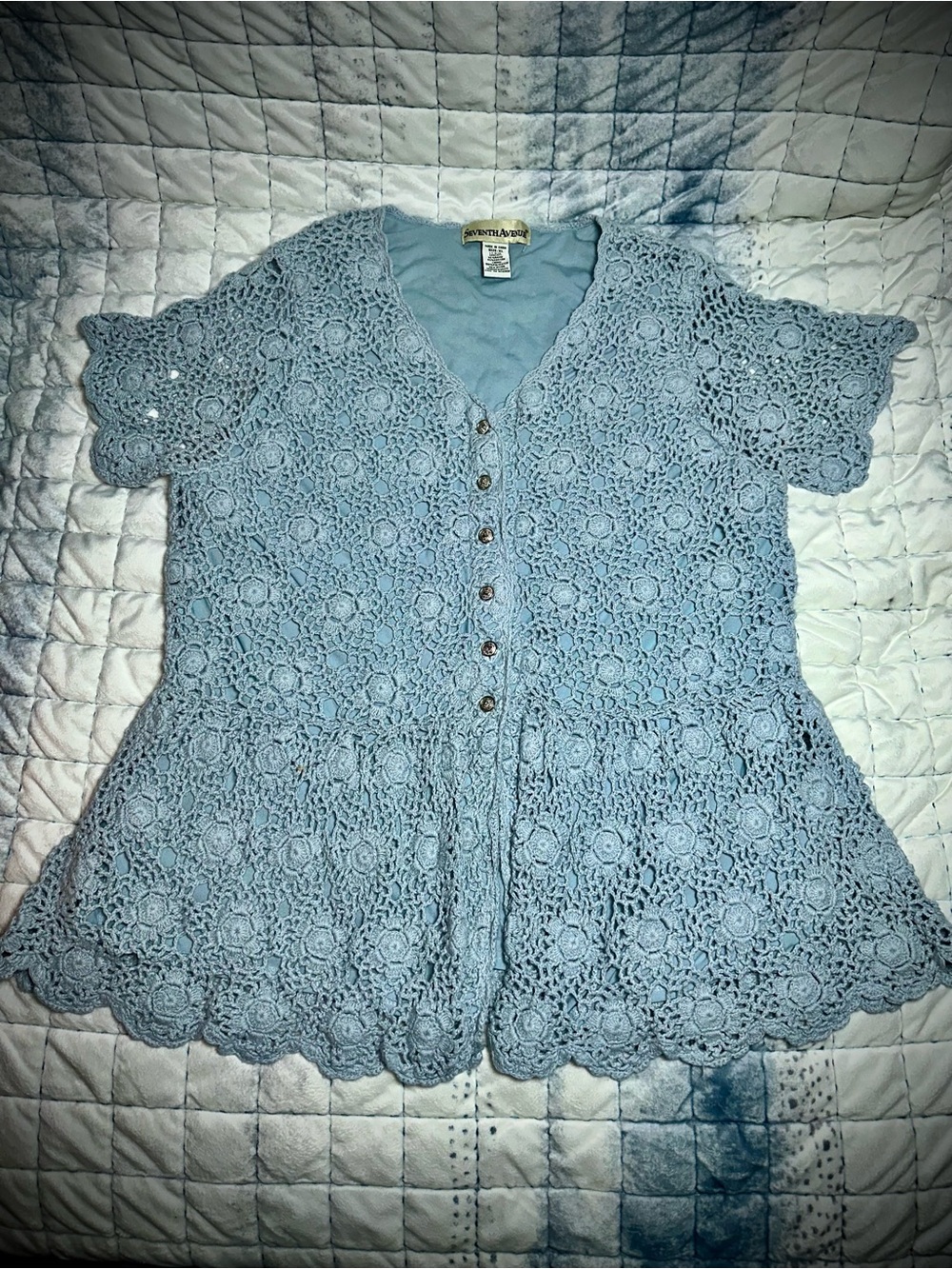 Seventh Avenue Powder Blue Crochet Button-Front Short Sleeve Tunic